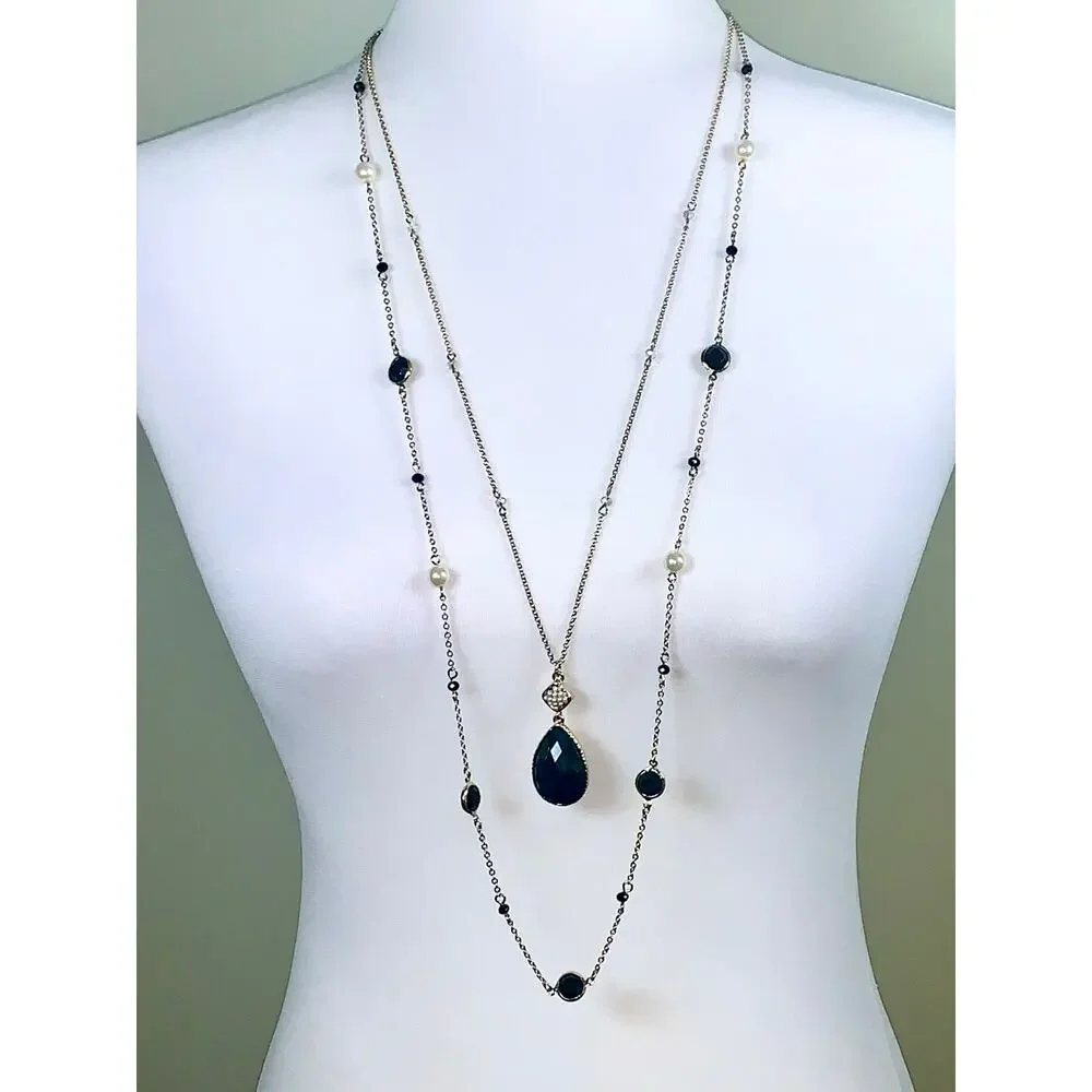 White House Black Market Versatile 2 in 1 Dark Green Stone Faux Pearl Necklace